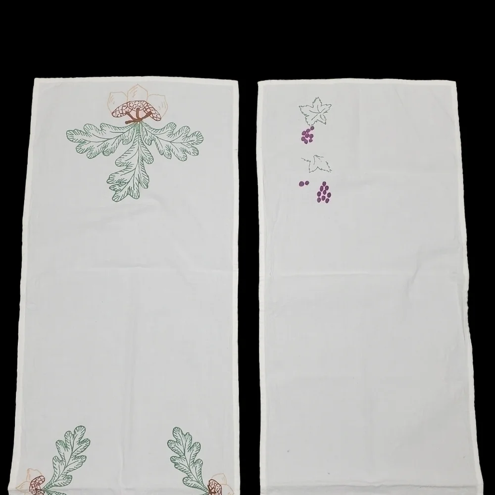 Vintage Autumn Table Runner Set Of 2 Grape Acorn Foliage Screenprint Fall 44